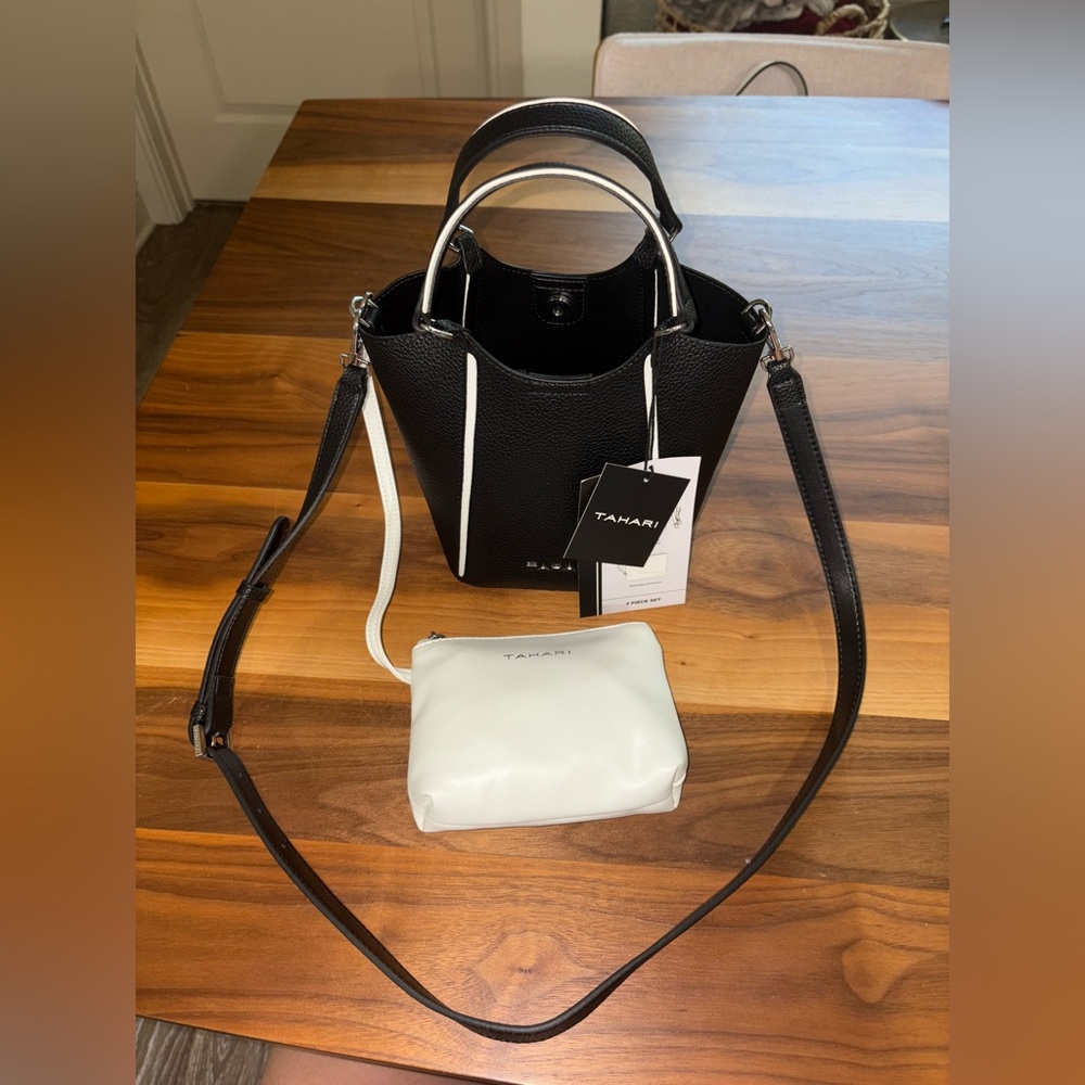 Tahari Black and White Crossbody Bag with Sleek Design
